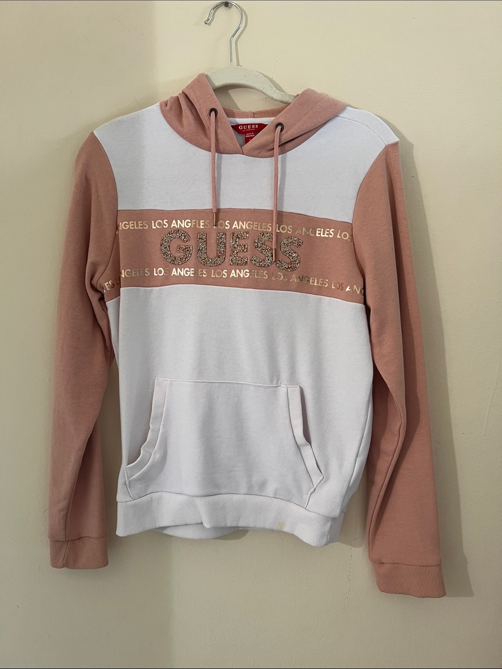 GUESS White and Blush Pink Logo Colorblock Hoodie